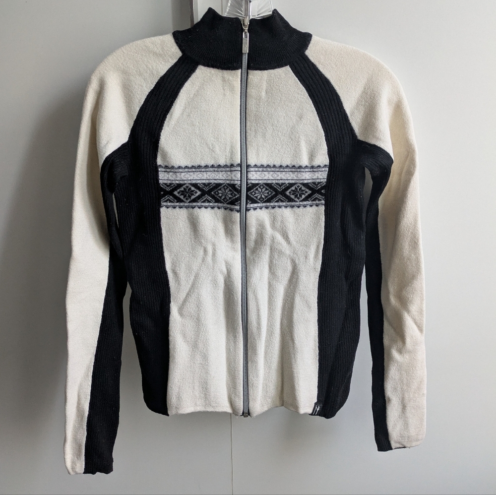 Neve 100% wool full zip nordic inspired black and off-white sweater size S small